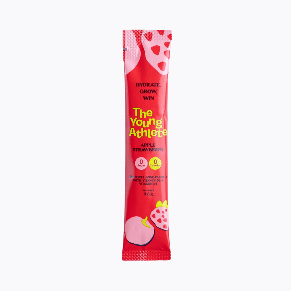 Two pink 'The Young Athlete' fruit snacks on a white background