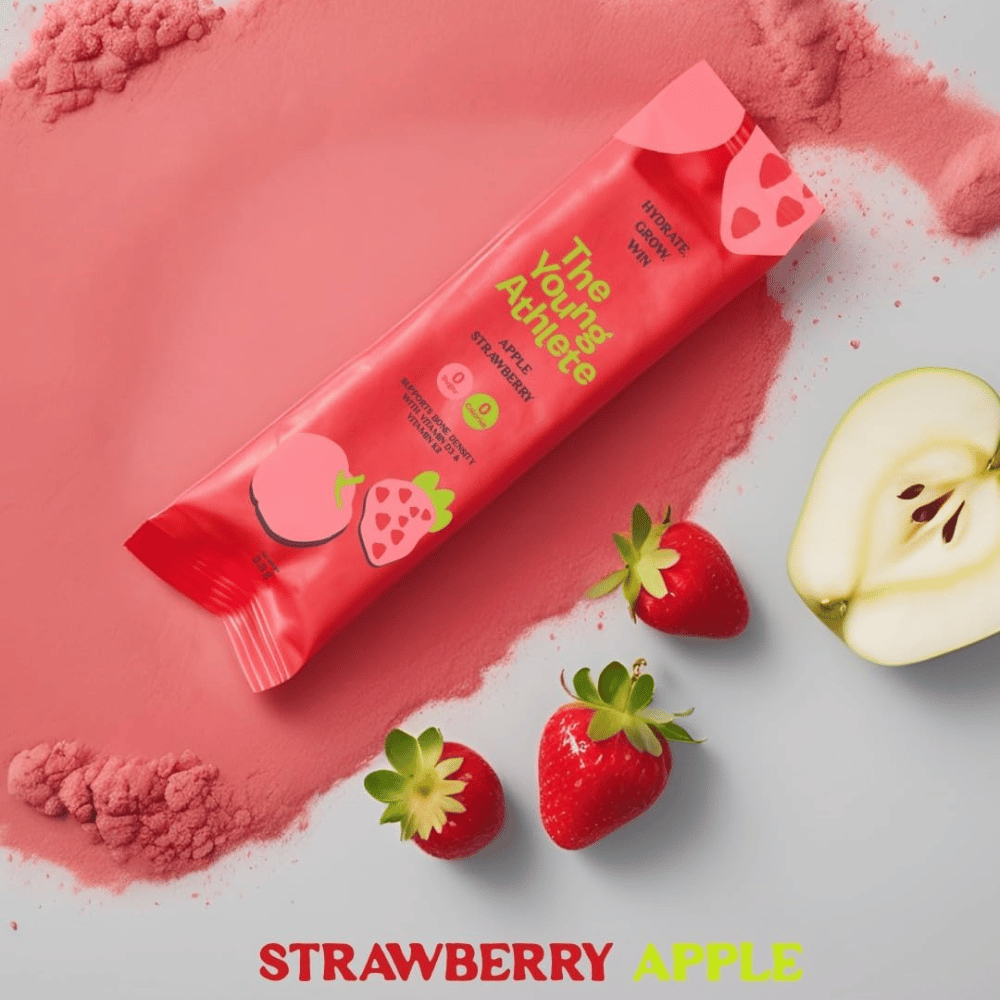 Red snack bar with strawberry and apple flavor text, surrounded by strawberries and an apple on a pink and white background.