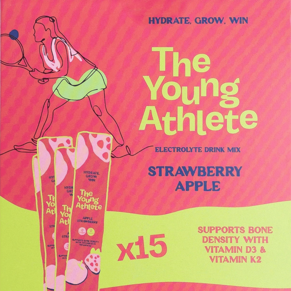Advertisement for 'The Young Athlete' electrolyte drink mix with a stylized illustration of a young athlete on a pink background.