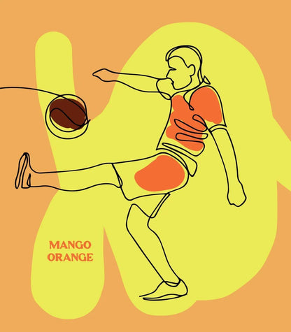 Illustration of a person playing basketball with 'Mango Orange' text on an orange background