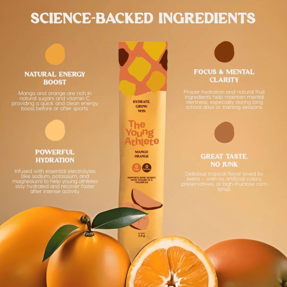 Product packaging of 'The Young Athlete' with orange slices and text about science-backed ingredients on a beige background.