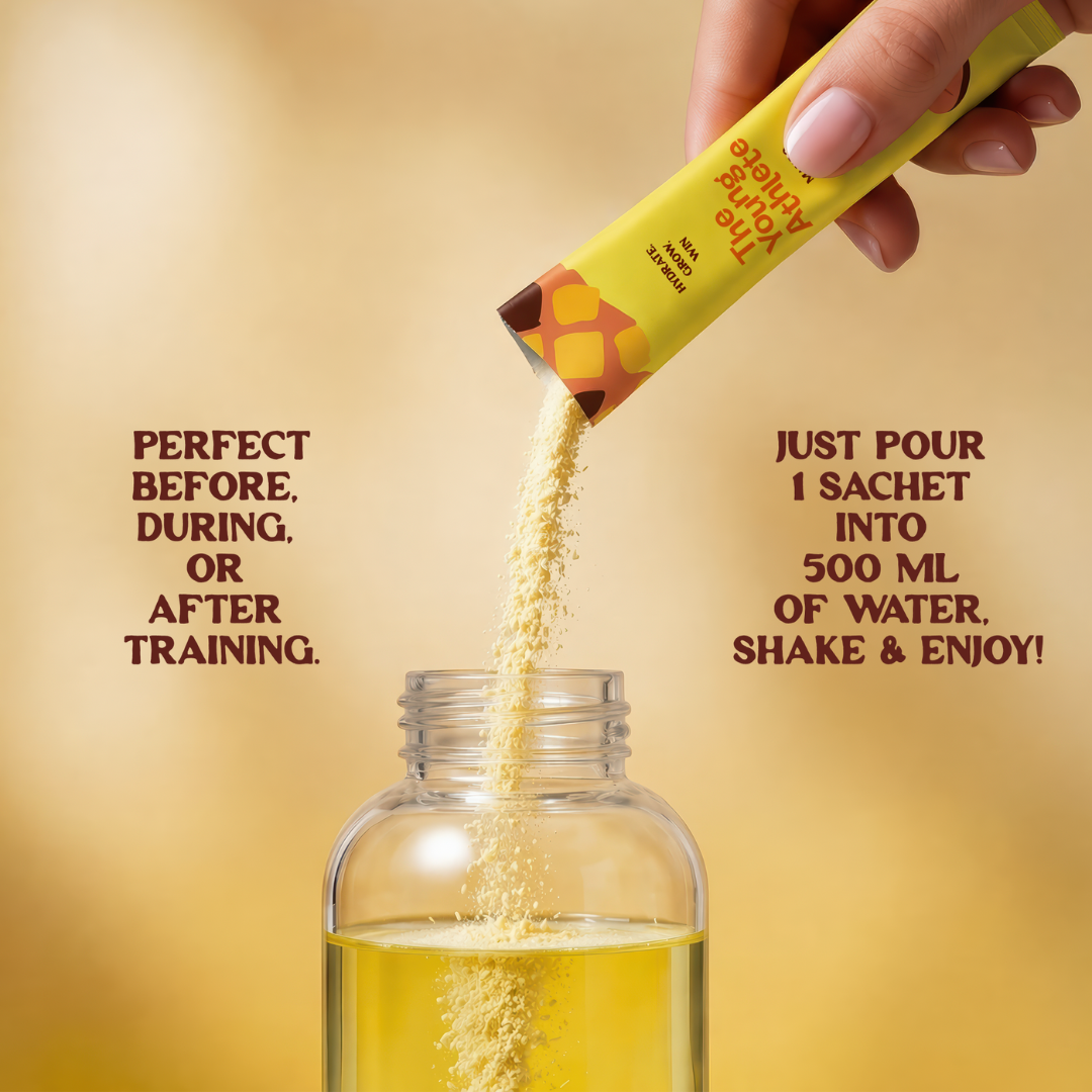 Yellow sports drink bottle and bar with person skipping rope in the background