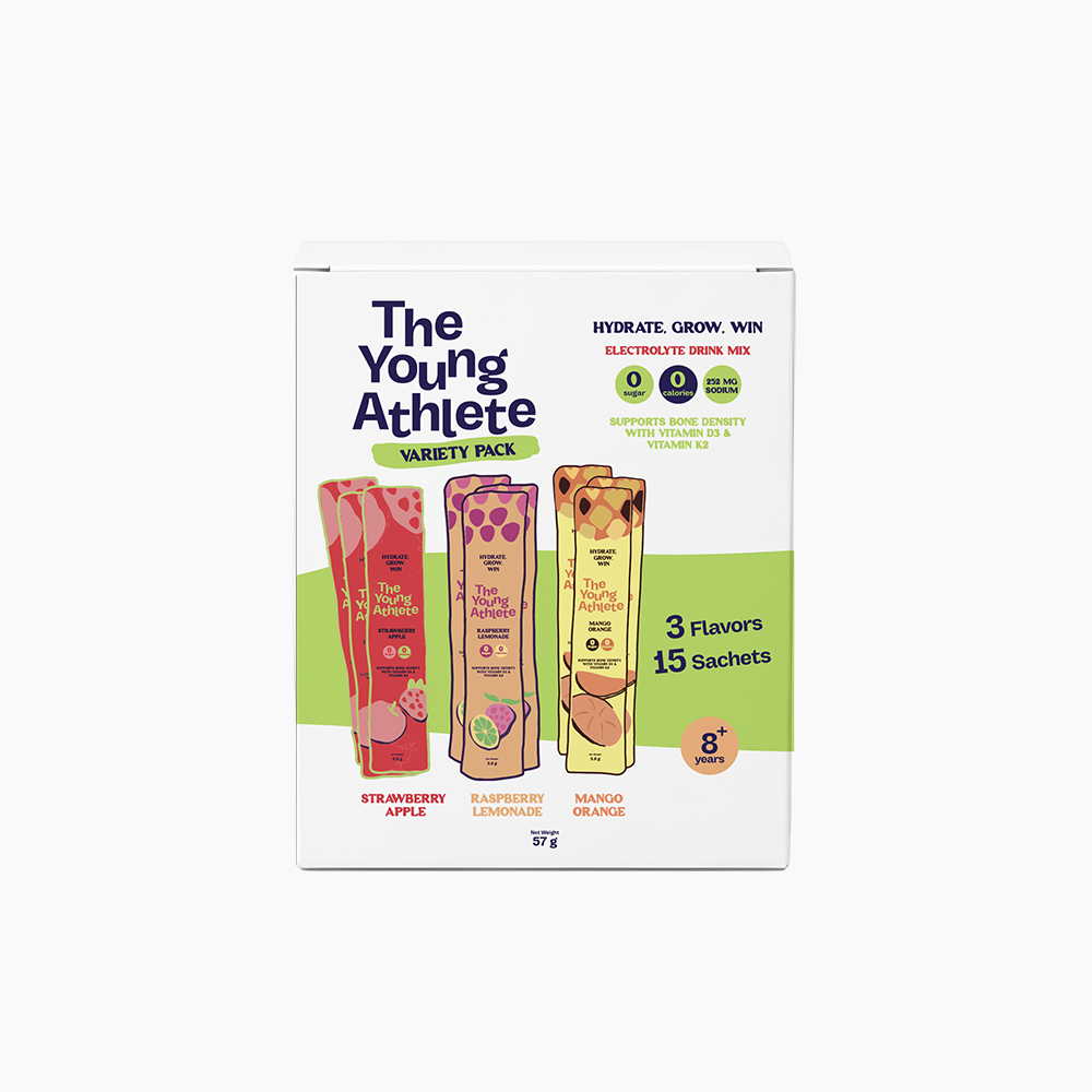 The Young Athlete drink mix variety pack with colorful packets on a white background