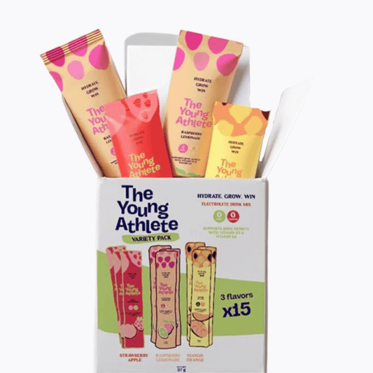 The Young Athlete drink mix variety pack with colorful packets on a white background