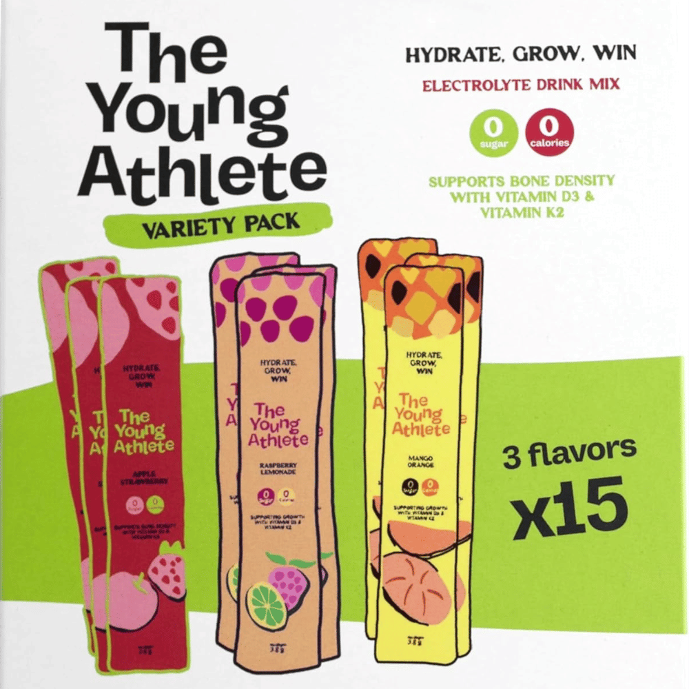 The Young Athlete electrolyte drink mix variety pack on a white background