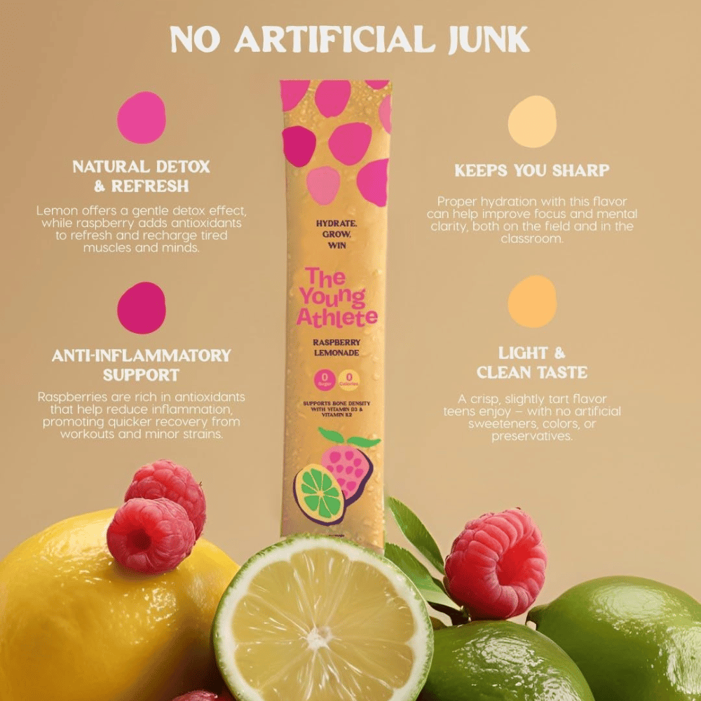 Product packaging with raspberries, lemon, and lime on a beige background, featuring text about health benefits.