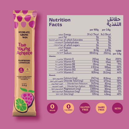 The Young Athlete raspberry lemonade nutrition bar with a nutrition facts label on a pink background