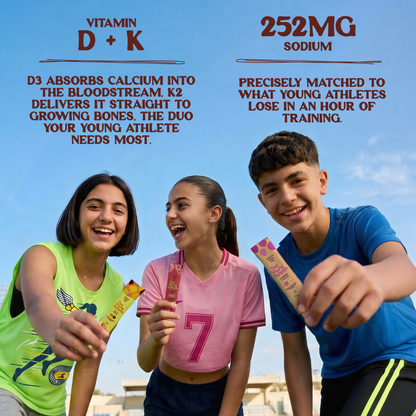 Three children in sports attire holding energy bars with text about vitamin D, K, and sodium.