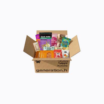 Open cardboard box from 'generation.h' with various snack packages inside on a white background
