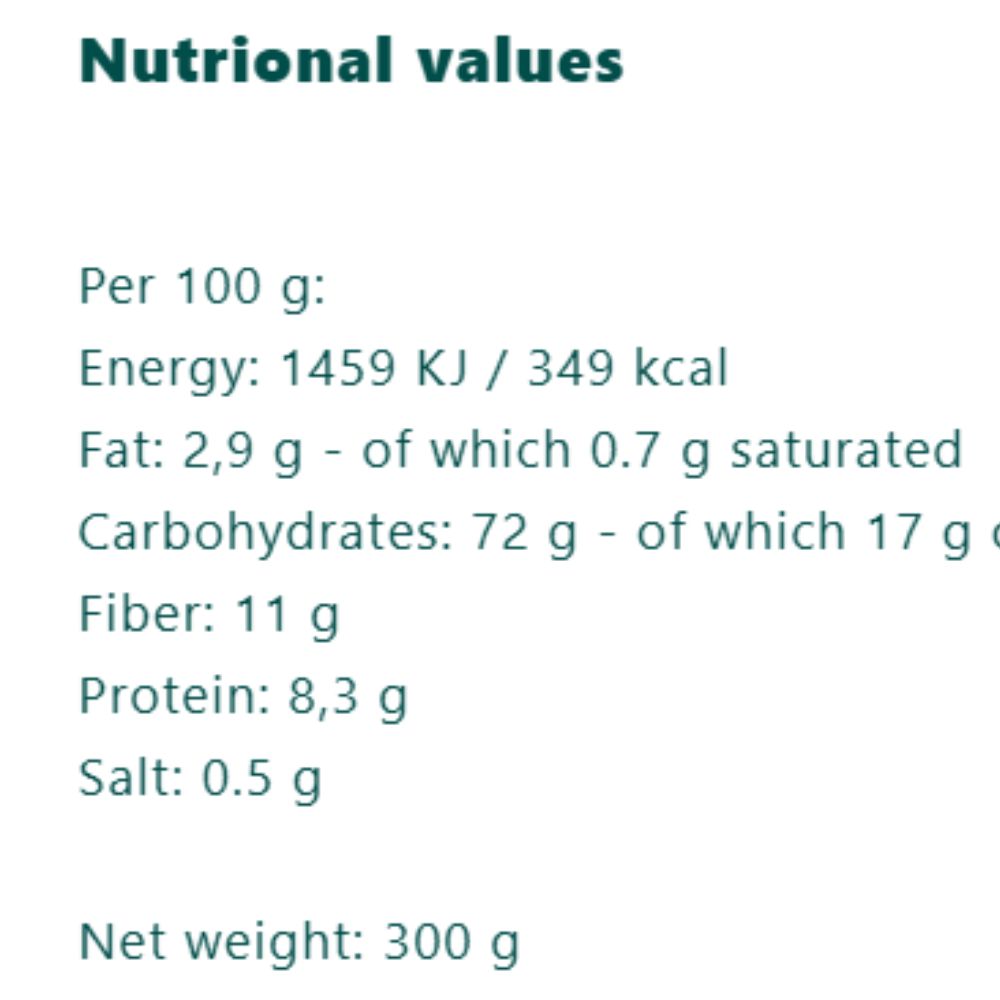 Nutritional values table on a white background with dark teal text, showing energy, fat, carbohydrates, fiber, protein, salt, and net weight per 100 g and total weight.