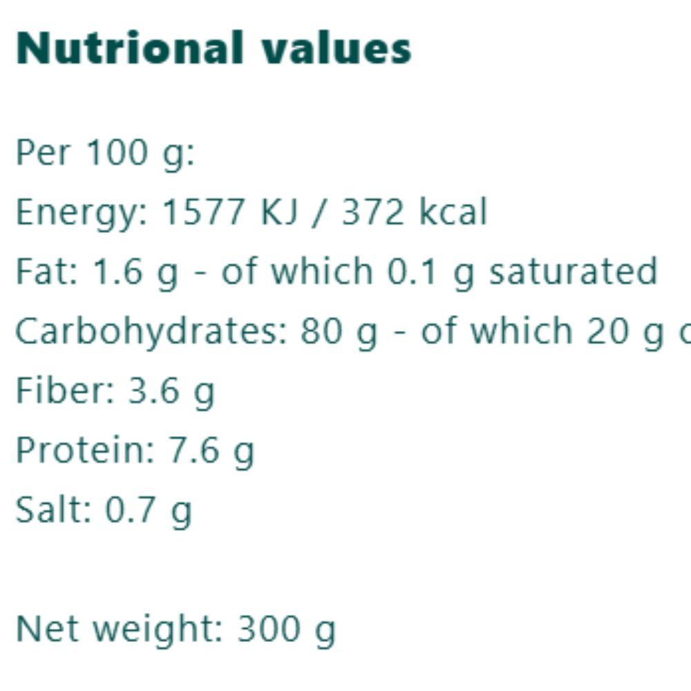 Nutritional values for a 300 g food product, showing energy 1577 KJ / 372 kcal, fat 1.6 g, carbohydrates 80 g, fiber 3.