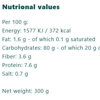 Nutritional values for a 300 g food product, showing energy 1577 KJ / 372 kcal, fat 1.6 g, carbohydrates 80 g, fiber 3.