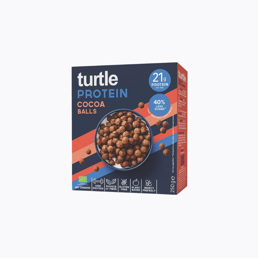 A 250g box of Turtle Protein Cocoa Balls on a plain white background. The packaging is dark blue with orange and white text, featuring a bowl of chocolate-coated protein balls.