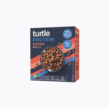 A 250g box of Turtle Protein Cocoa Balls on a plain white background. The packaging is dark blue with orange and white text, featuring a bowl of chocolate-coated protein balls.