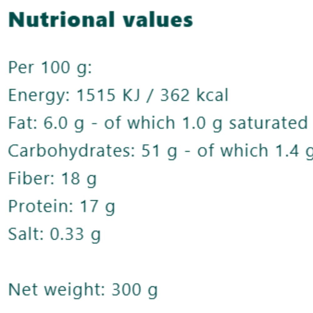 Nutritional values table on a white background with dark teal text, showing energy, fat, carbohydrates, fiber, protein, salt, and net weight per 100 g and total 300 g.