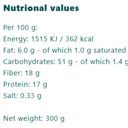 Nutritional values table on a white background with dark teal text, showing energy, fat, carbohydrates, fiber, protein, salt, and net weight per 100 g and total 300 g.