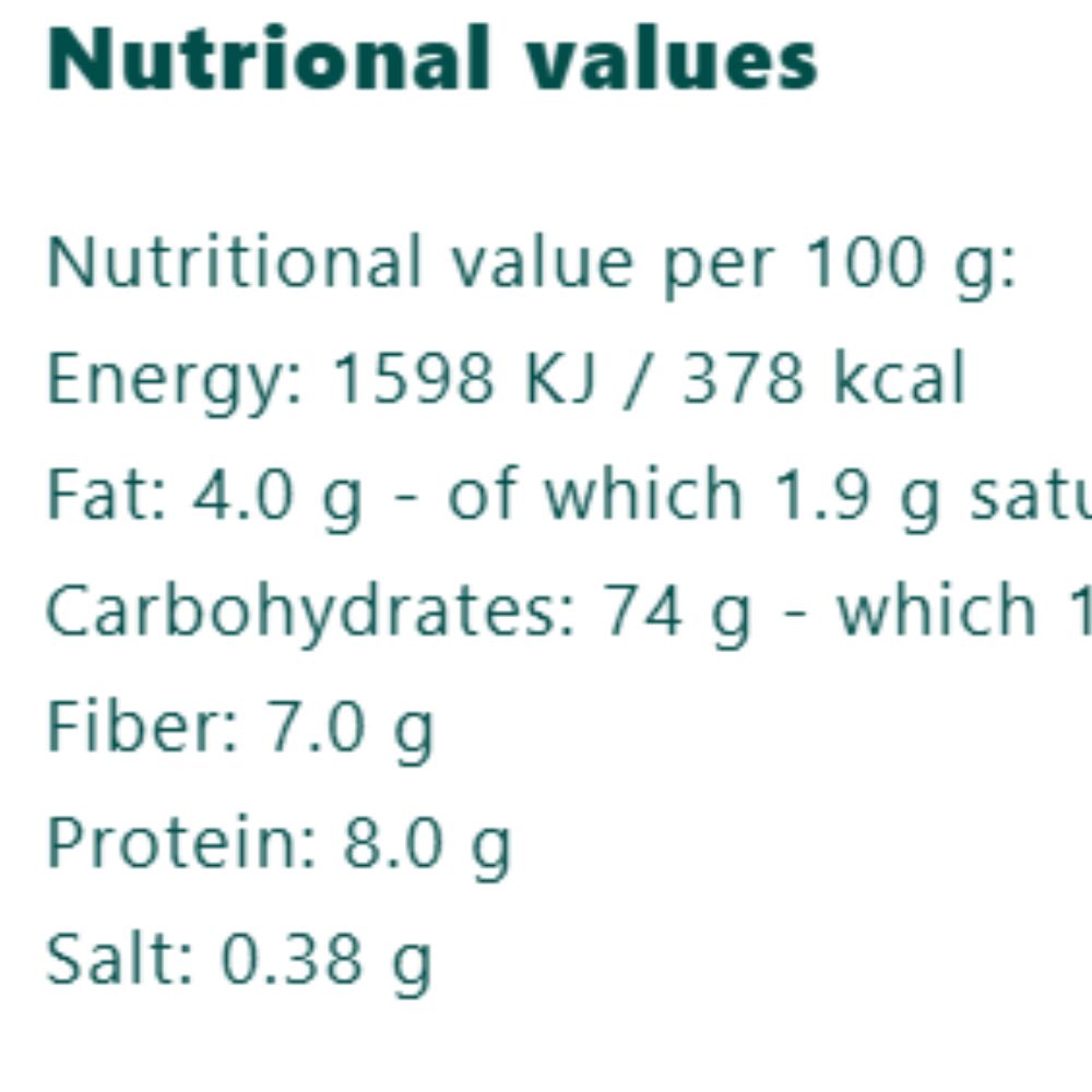 Nutritional values label showing energy, fat, carbohydrates, fiber, protein, and salt per 100 g on a white background.