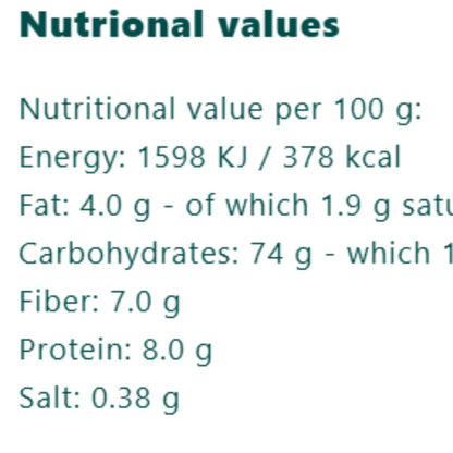 Nutritional values label showing energy, fat, carbohydrates, fiber, protein, and salt per 100 g on a white background.