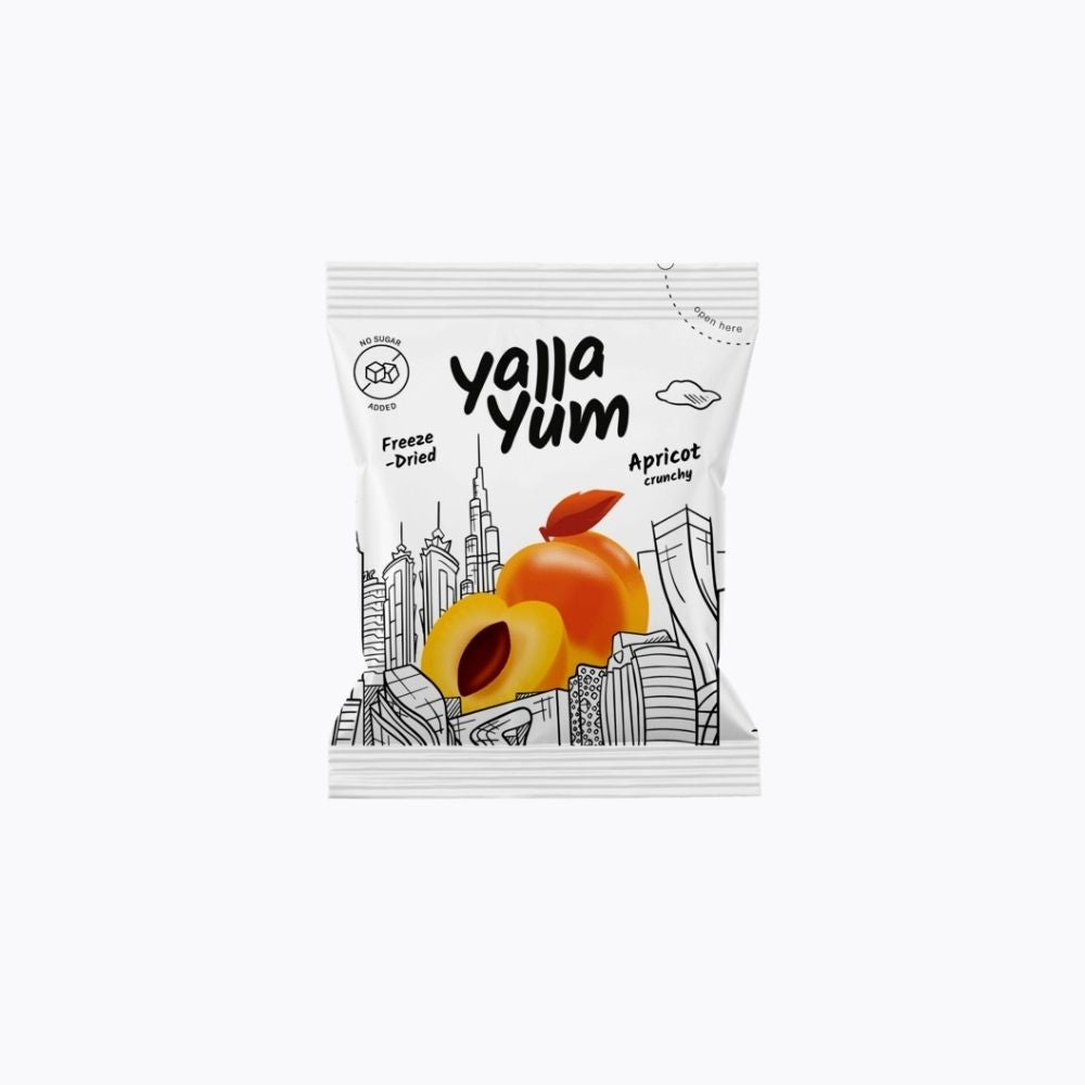 Yalla Yum apricot snack package on a white background