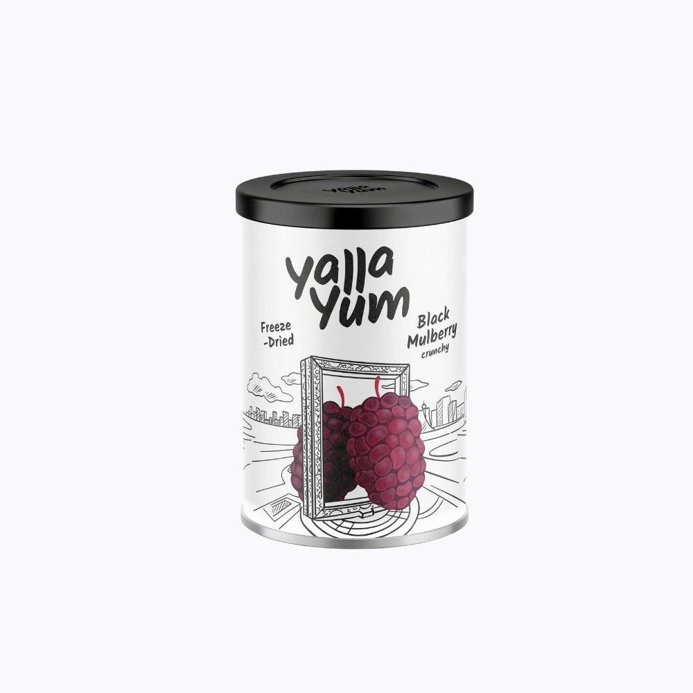 Yalla Yum freeze-dried black mulberry packaging on a white background