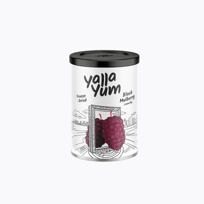 Yalla Yum freeze-dried black mulberry packaging on a white background