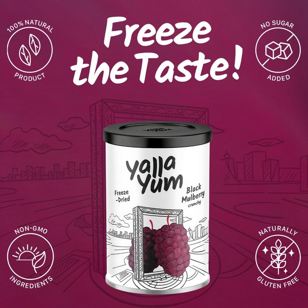 Yalla Yum freeze-dried black mulberry packaging on a purple background with branding elements.