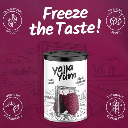 Yalla Yum freeze-dried black mulberry packaging on a purple background with branding elements.