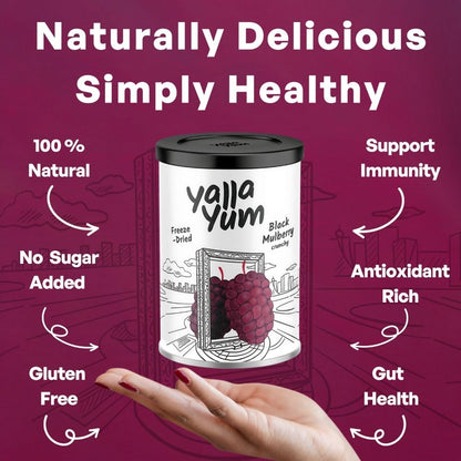 Yalla Yum black mulberry product with health benefits on a purple background