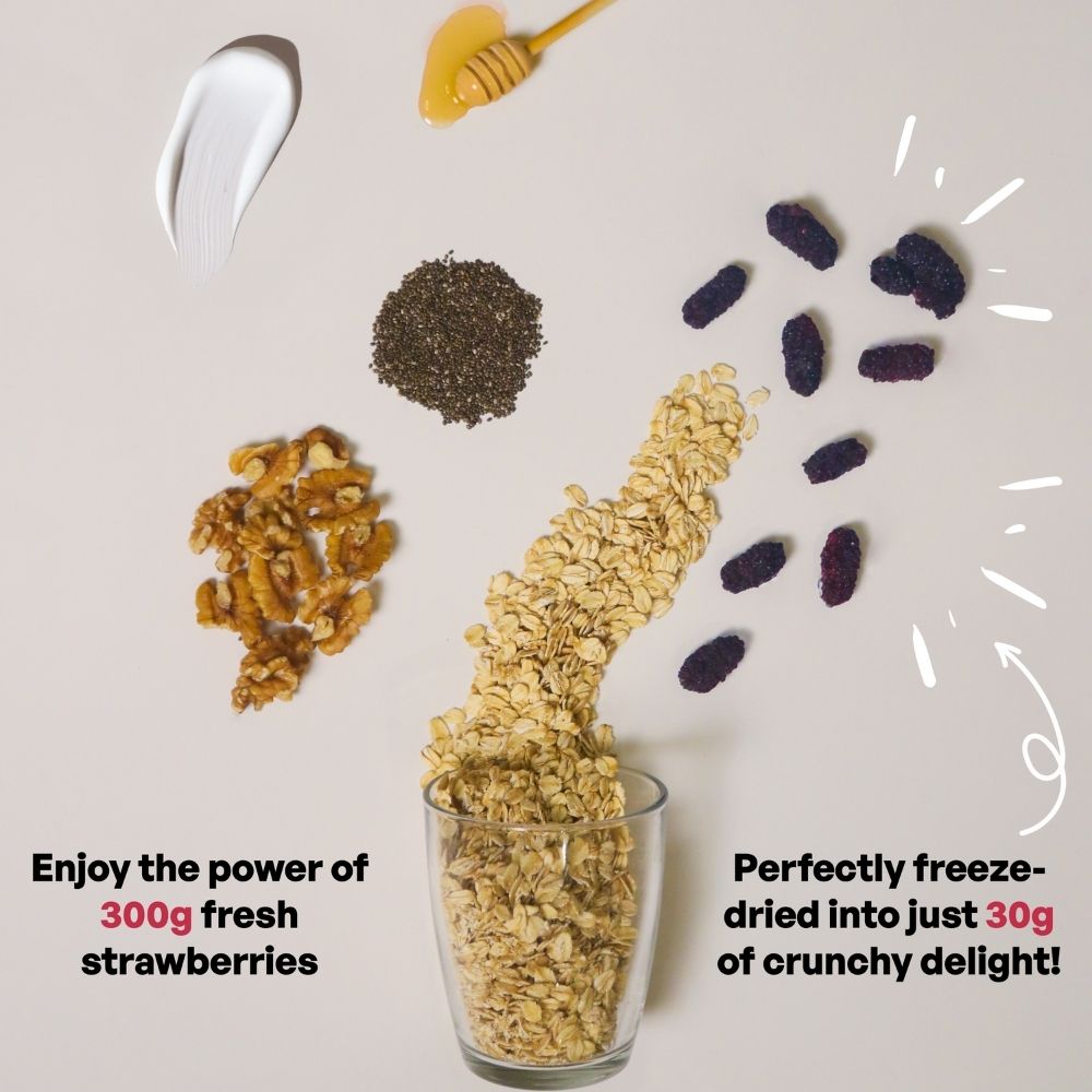 Freeze-dried oats being poured into a glass with ingredients and text on a light background