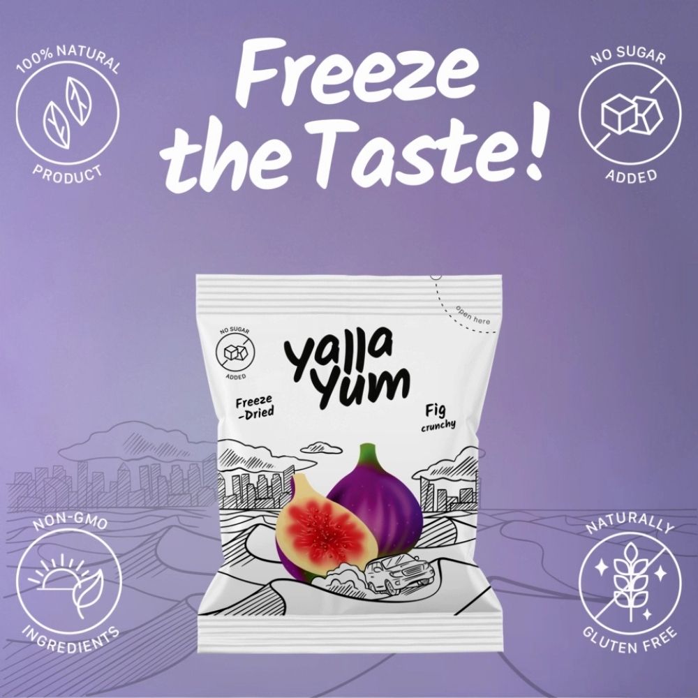 Yalla Yum freeze-dried fig packaging on a purple background with branding elements.