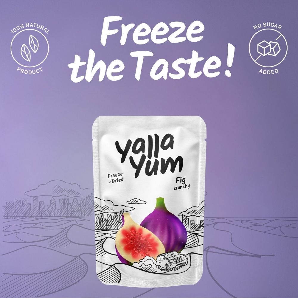 Yalla Yum freeze-dried fig crunchy packaging on a purple background with text 'Freeze the Taste!'.