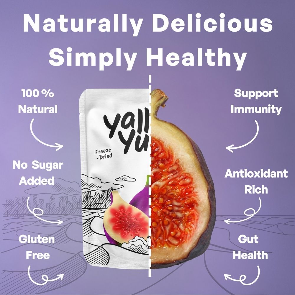 Yall Yu freeze-dried fruit packaging with health benefits on a purple background