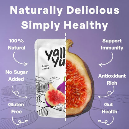 Yall Yu freeze-dried fruit packaging with health benefits on a purple background