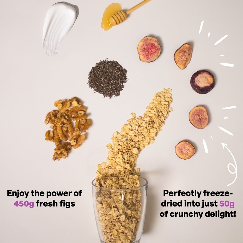 Glass of granola with freeze-dried figs, chia seeds, and honey on a light background