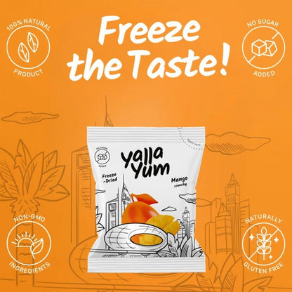 Yalla Yum freeze-dried mango packaging on an orange background with branding elements.