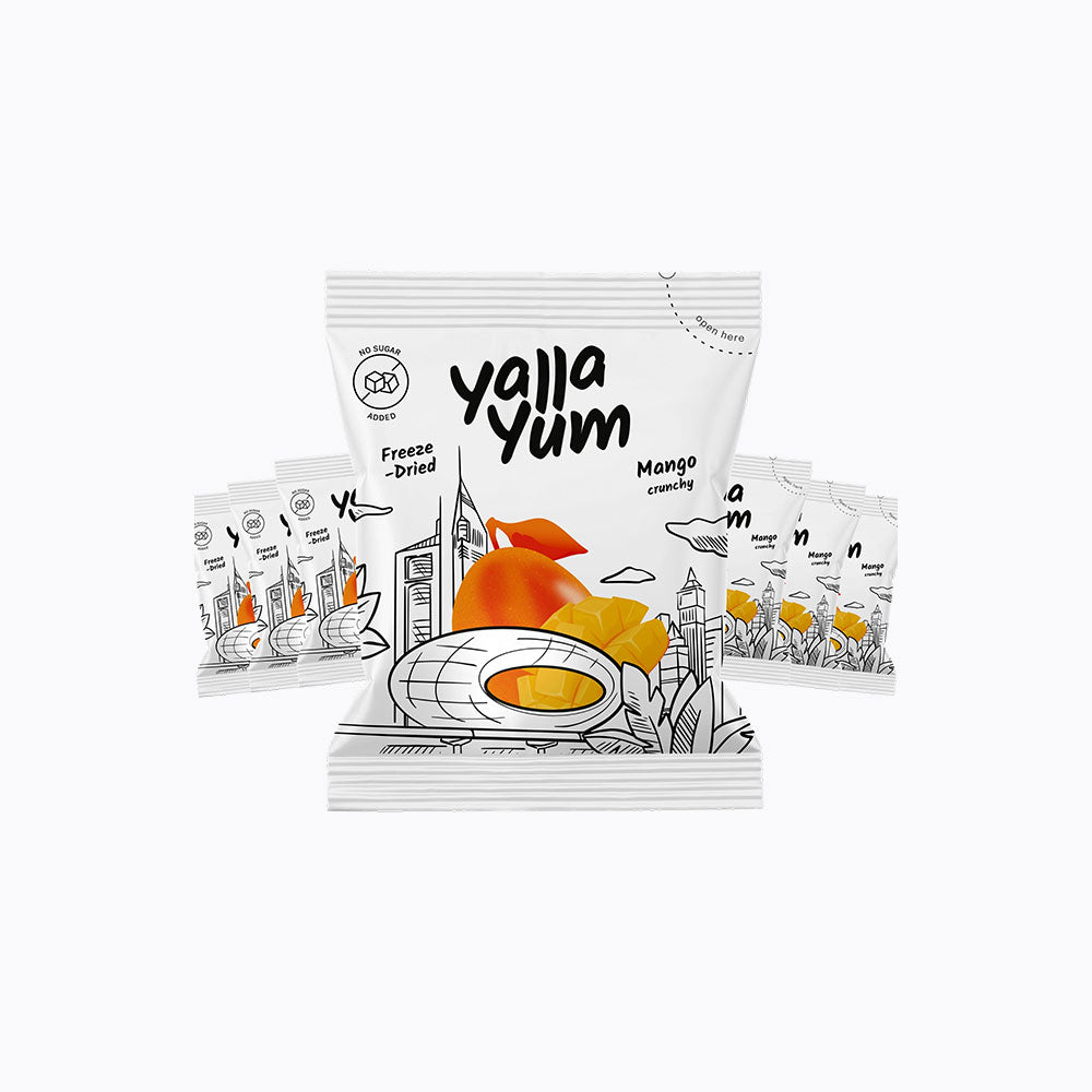 Yalla Yum freeze-dried mango packaging on a white background