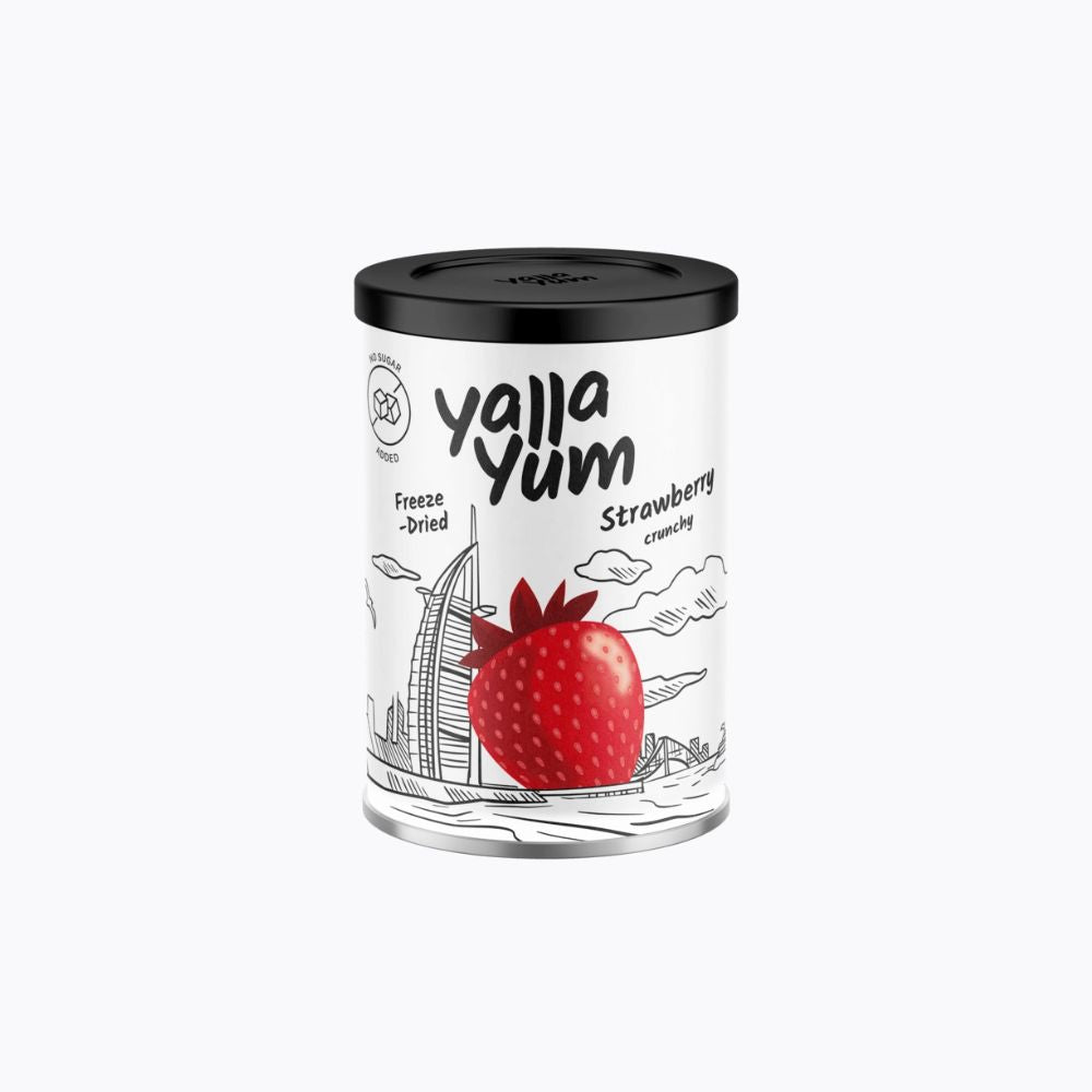 Yalla Yum strawberry freeze-dried snack container on a white background
