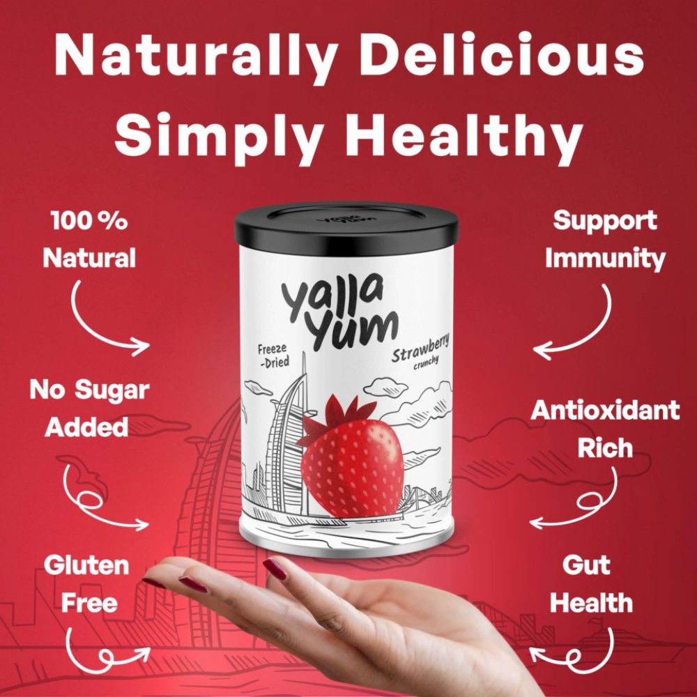 Yalla Yum strawberry product with health benefits on a red background
