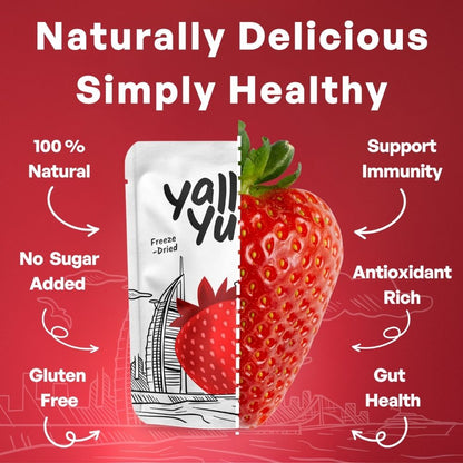 Yall Yall freeze-dried strawberry package with strawberry illustration on red background, highlighting health benefits.