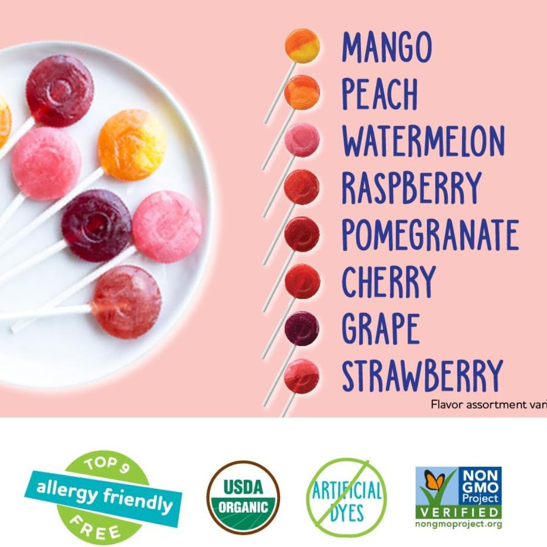 Assorted fruit-flavored lollipops on a plate with flavor names and certification logos on a pink background.