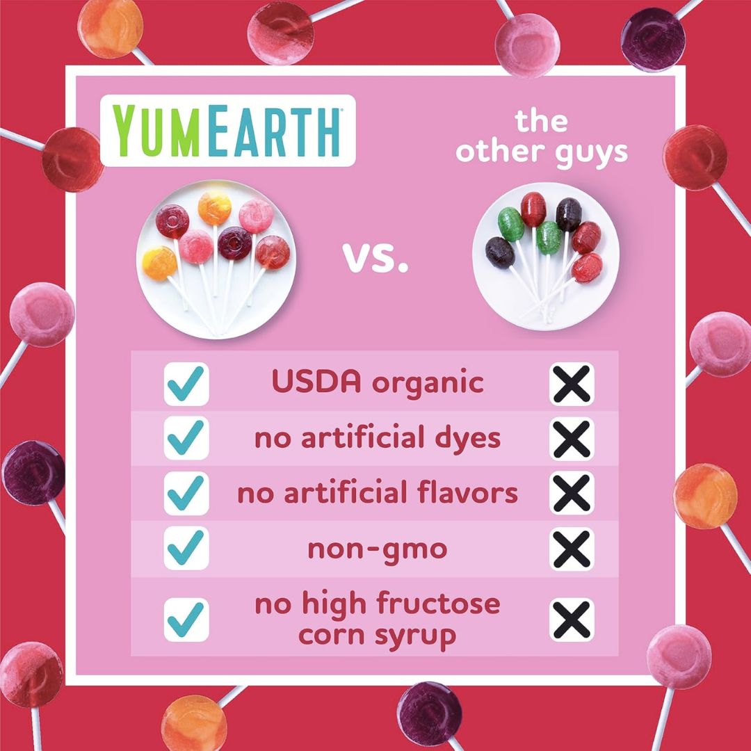 Comparison chart between YumEarth lollipops and 'the other guys' on a pink background with lollipop graphics.