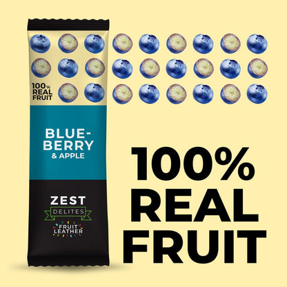 A packaged snack bar labeled 'BLUE-BERRY & APPLE' by Zest Delites stands on a pale yellow background beside repeated blueberry illustrations and large text reading '100% REAL FRUIT'.
