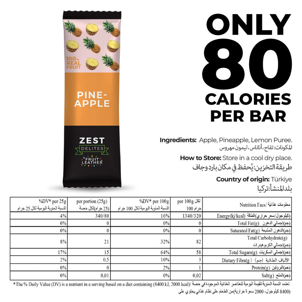 Zest Delighted Fruit Leather bar in Pineapple flavor, shown on a white background with a large text overlay stating 'ONLY 80 CALORIES PER BAR' and a detailed nutrition facts table at the bottom.