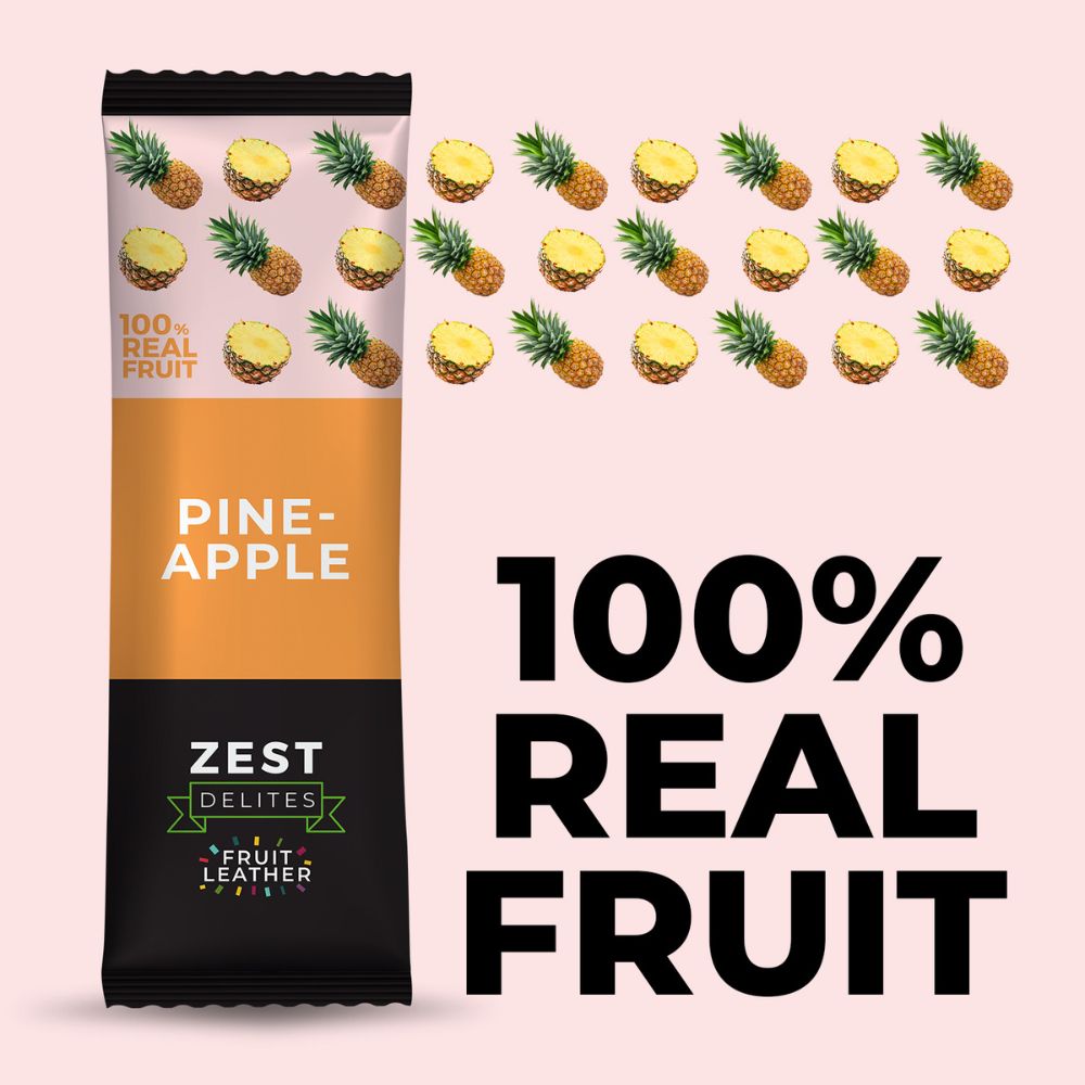 A packaged snack bar labeled 'PINEAPPLE' by Zest Delites, shown on a pale pink background with repeated pineapple illustrations and large text reading '100% REAL FRUIT'.