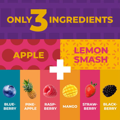 A colorful graphic showing a lemon smash flavor blend with the text 'ONLY 3 INGREDIENTS' at the top. The graphic features a split background with 'APPLE' in pink polka dots on the left and 'LEMON SMASH' in yellow/orange on the right, separated by a white plus sign.