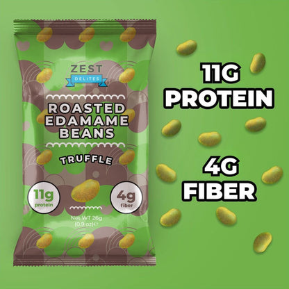 A bag of Zest Delites Roasted Edamame Beans Truffle on a bright green background, with scattered edamame beans and text highlighting 11g protein and 4g fiber.