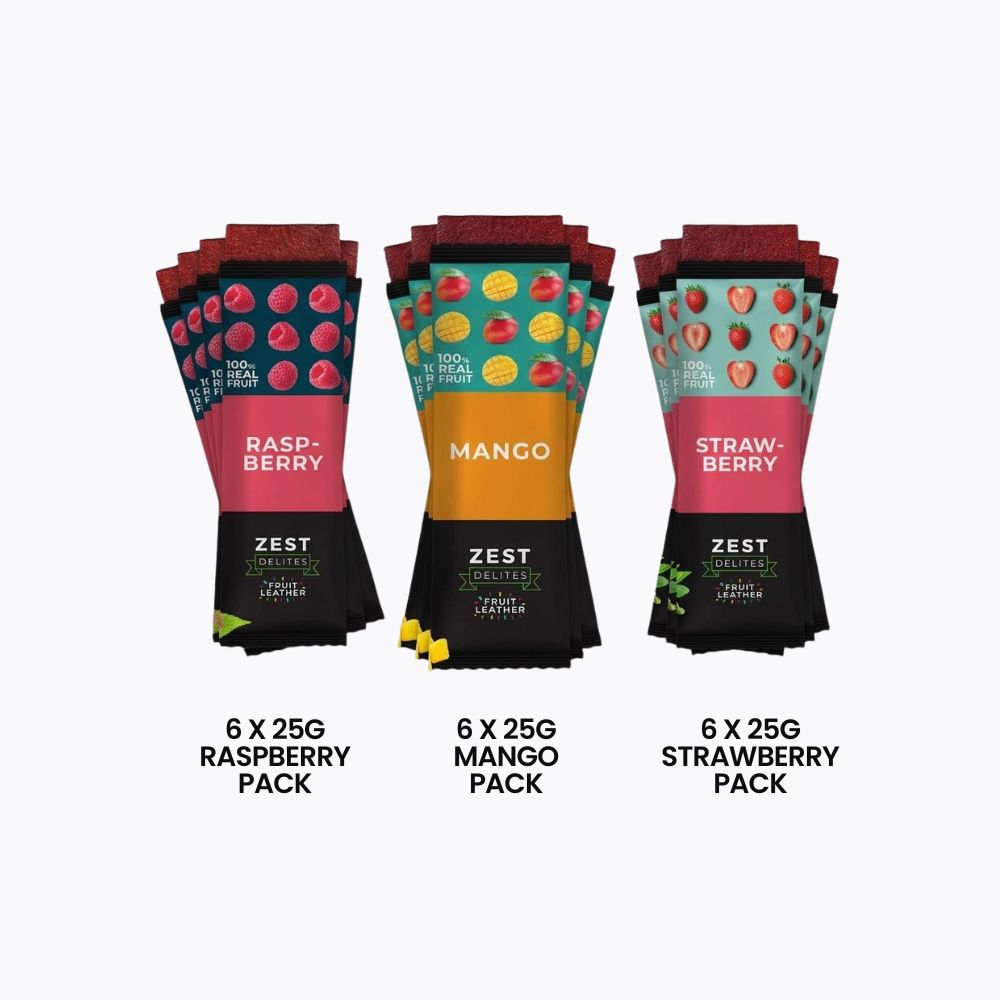Three packs of Zest Gummy Candy sticks arranged side by side on a light gray background, labeled Raspberry, Mango, and Strawberry. Each pack contains six 25g gummies, with the package designs showing colorful fruit illustrations and black, pink, orange, and teal color blocks.