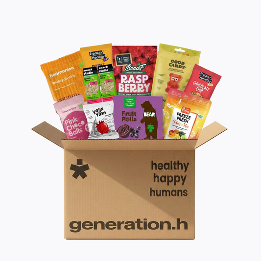 Box of snacks with various brands on a white background, featuring the brand 'generation.h'.