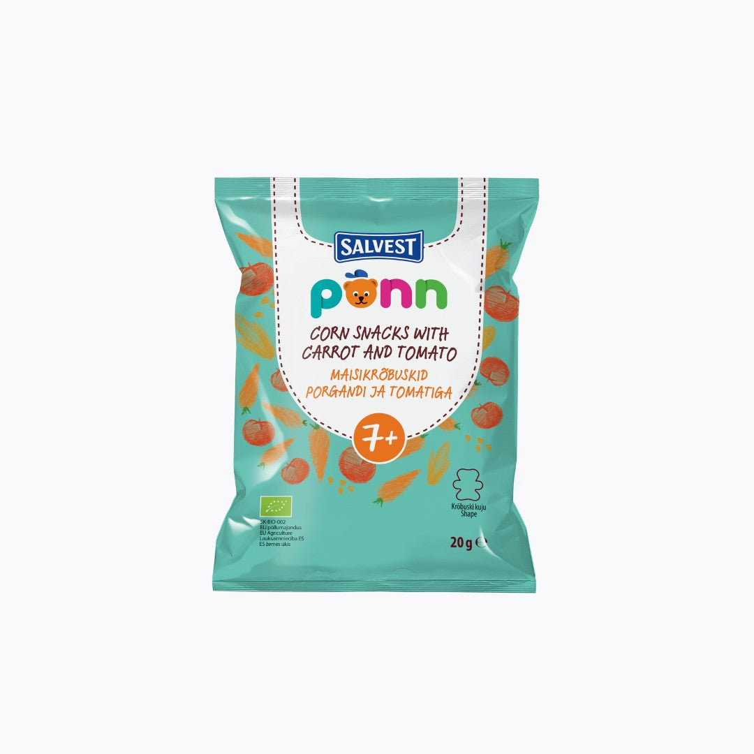 Salvest Penn corn snacks packaging with carrot and tomato on a white background