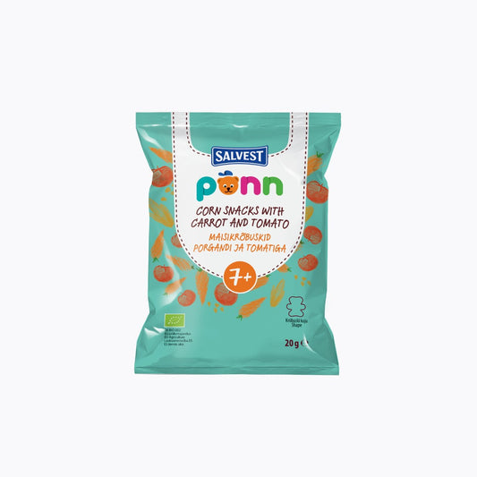 Salvest Penn corn snacks packaging with carrot and tomato on a white background